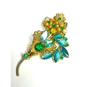 Vintage Brooch Blue Green Rhinestone Vtg Costume Jewelry Pin Lot JU10